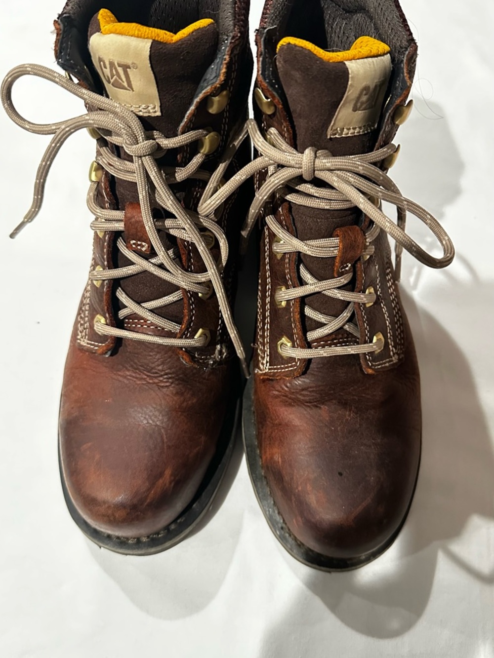 Caterpillar Brown Leather Work Boots with Yellow Collar Accents